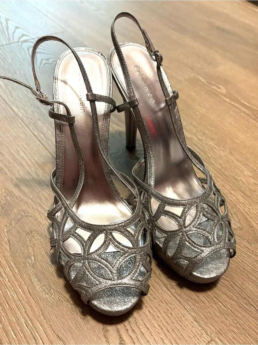 Calvin Klein Metallic Silver Cutout Sling Heels